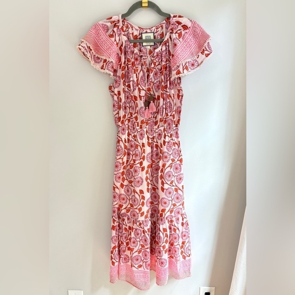 BELL by Alicia Bell Flutter Sleeve Midi Dress in Pink Orange Block, Small - Picture 2 of 8